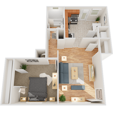 Floor plan for 1 bed, 1 bath, 690 sqft